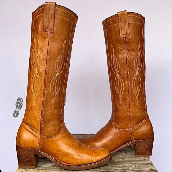 SOLD FRYE Vintage Black Label Stitching Tall Knee High Brown Western Boots 9 9.5 - Picture 9 of 11